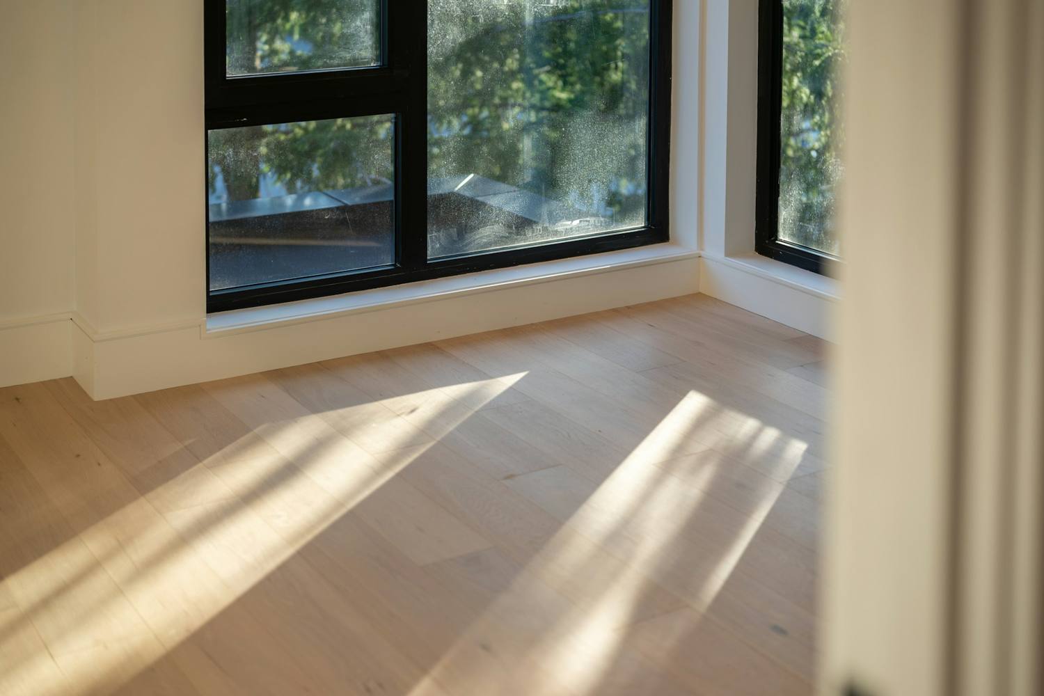 Sunlight across a new light oak floor in an empty room with black-framed windows