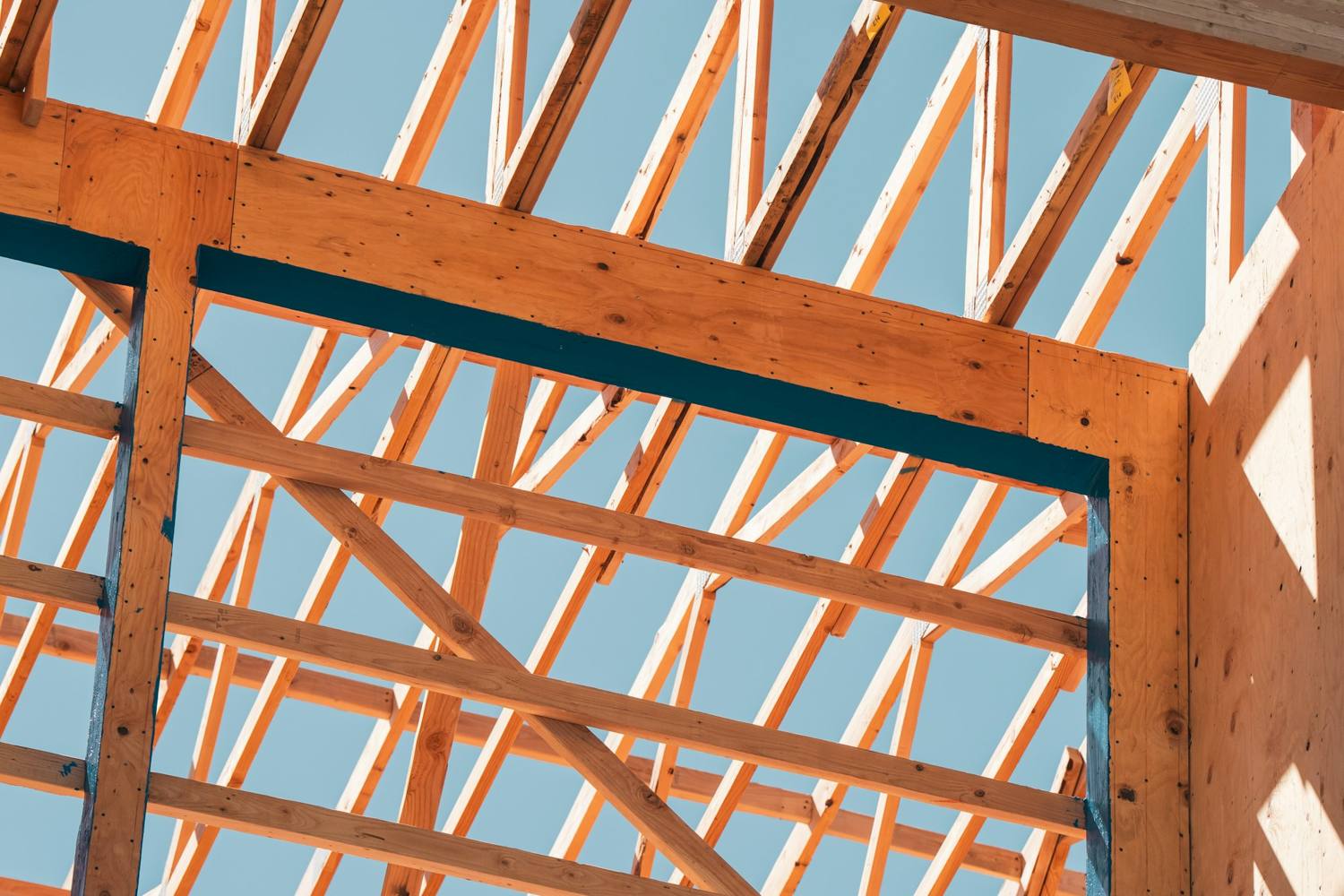 Wood roof framing and rafters seen from below against a blue sky