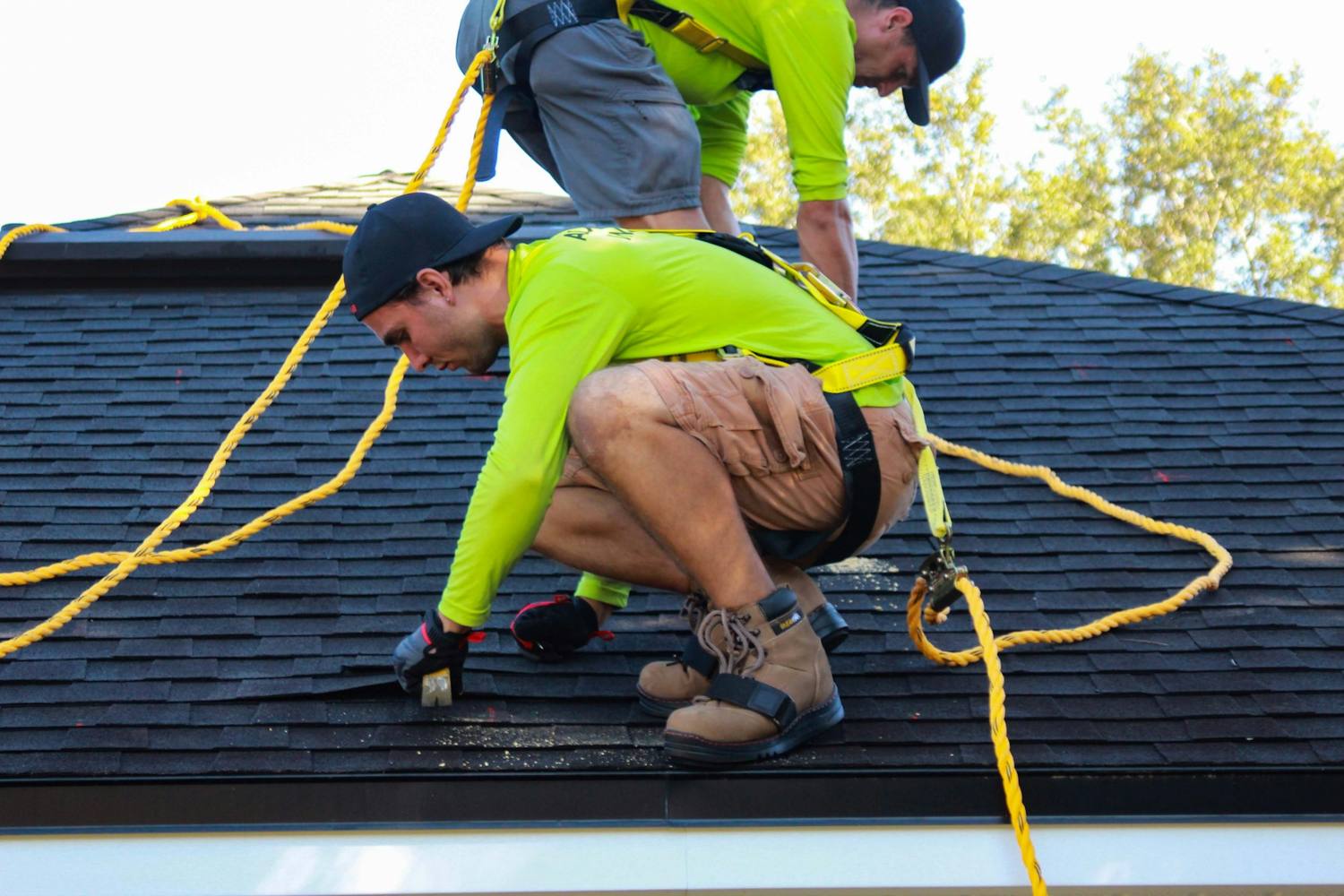Two roofers in safety harnesses nailing shingles on a steep asphalt roof