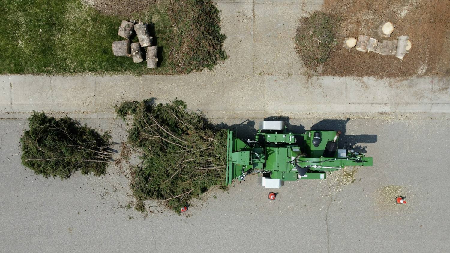 Overhead view of a chipper with felled evergreens and cut log rounds at the curb